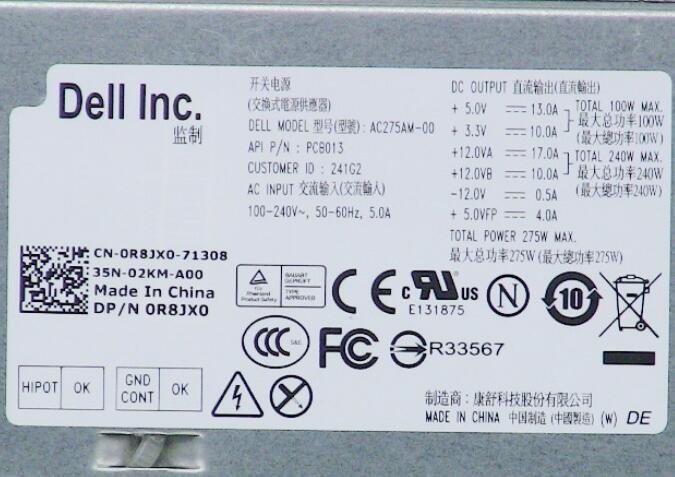 R8JX0 275W For Dell OptiPlex 3010 OptiPlex / Vostro Desktop Power Supply - Image 5