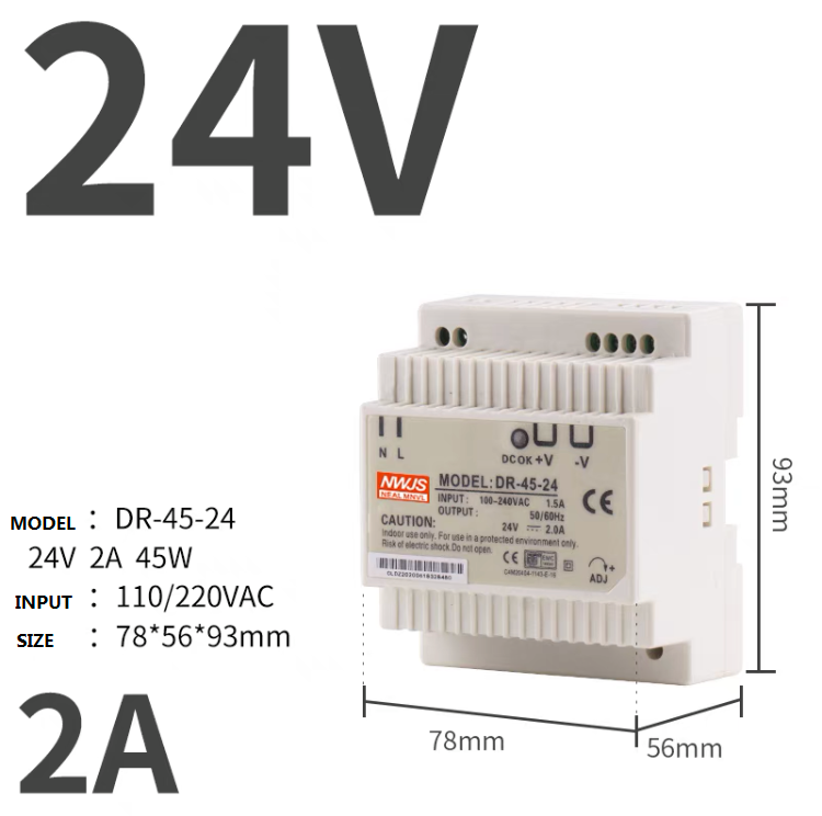 DR-45-24 MEANWELL DR DIN RAIL PANEL MOUNT POWER SUPPLY 24V DC OUTPUT VOLTAGE 2A OUTPUT